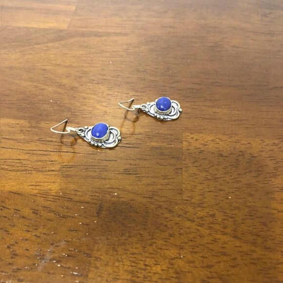 Silver Tone Blue Oval Stone Drop Earrings - Picture 8 of 9